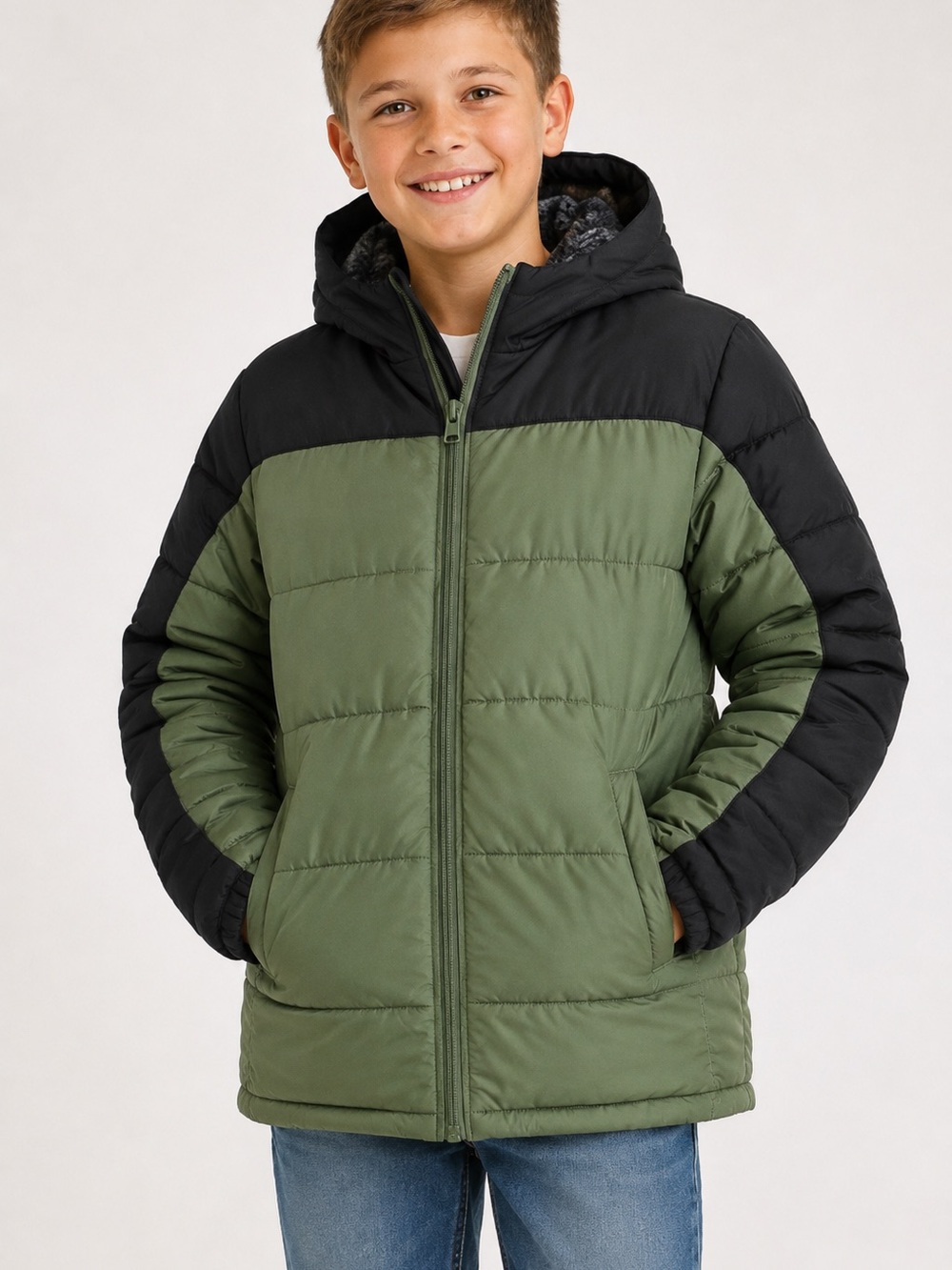 Wonder Nation Boys Olive Green Black Hooded Puffer Jacket Size L 10-12